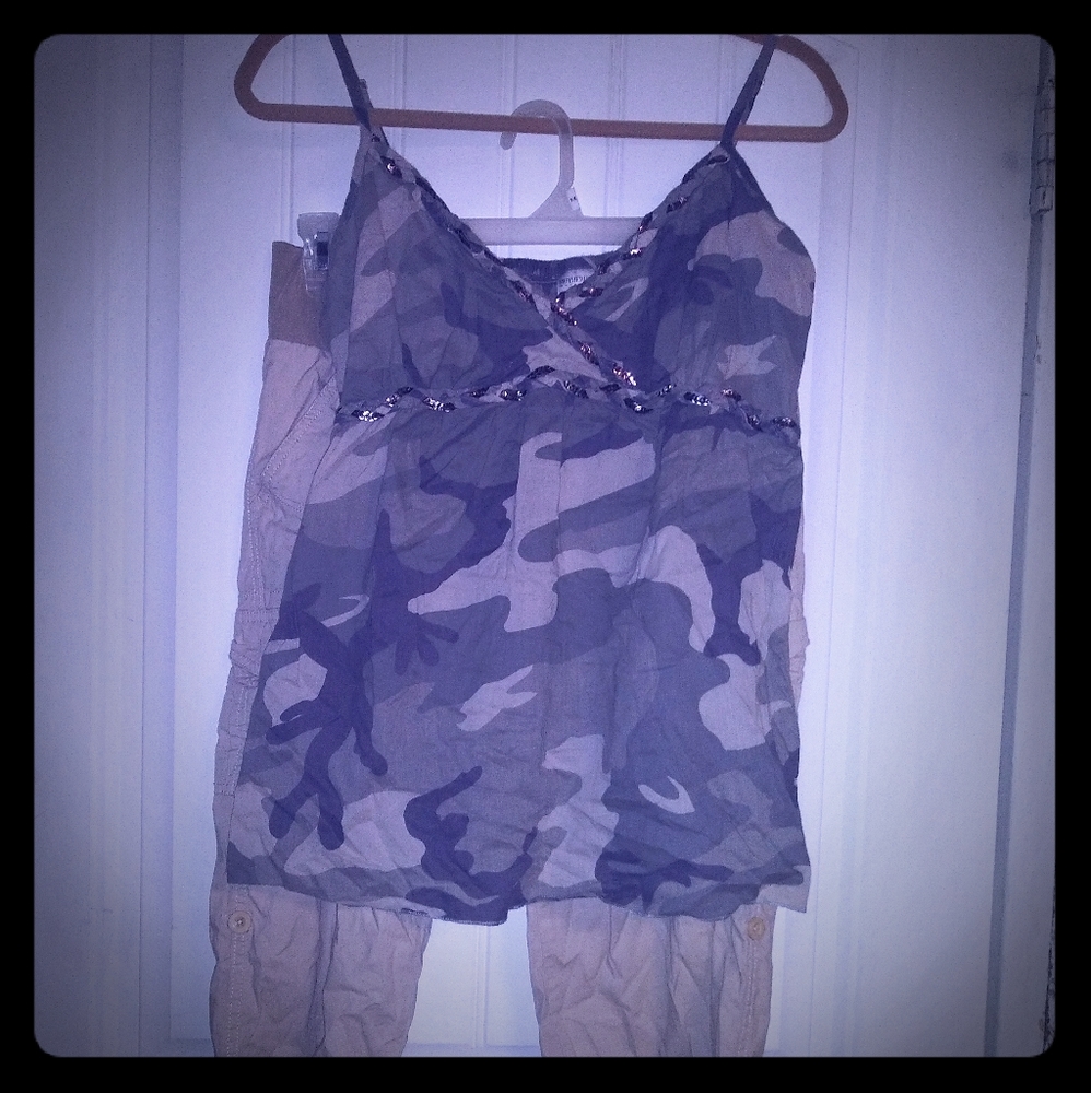 Camo tank with bronze sparkling braided trim